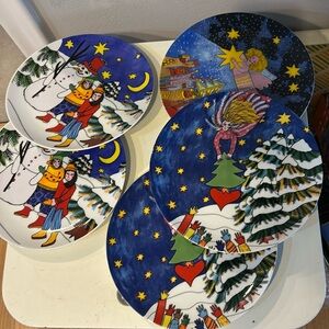Set of 5 vintage 1988 1997 Christmas holiday mod  plates by Kiki